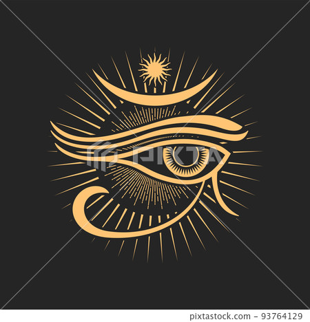 Occult esoteric symbol egyptian Horus all-seeing eye, sun with radiant rays. Vector spiritual magic emblem, isolated alchemy, wicca or pagan sign 93764129