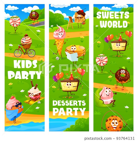 Kids party. Cartoon desserts, sweets and cake characters on meadow. Candy, cupcake and donut, pie, marshmallow and pancake, ice cream, waffle personages doing sports on meadow, resting on vacation Kids party. Cartoon desserts, sweets and cake characters on meadow. Candy, cupcake and donut, pie, marshmallow and pancake, ice cream, waffle personages doing sports on meadow, resting on vacation 93764131