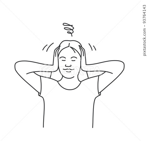 Woman sits and covers her ears with her hands. 93764143