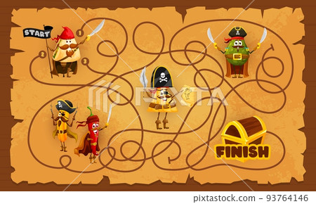 Labyrinth maze game. Cartoon mexican food pirate and corsair characters. Search way riddle, children maze quiz kids game vector worksheet with nachos and tacos, jalapeno pepper, churros, and avocado 93764146