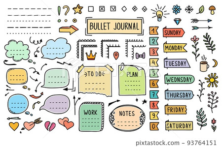 Bullet journal doodle diary color elements, stickers and paper notes, vector notebook frame. Bullet journal planner week day and numbers stickers, to do list or calendar plan labels and banners Bullet journal doodle diary color elements, stickers and paper notes, vector notebook frame. Bullet journal planner week day and numbers stickers, to do list or calendar plan labels and banners 93764151