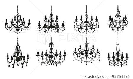 Chandelier silhouettes, candelabra with candlesticks and crystal lamp lights, vector icons. Vintage baroque chandelier lamps or royal lampshades with candles and crystal pendants in black silhouettes 93764155