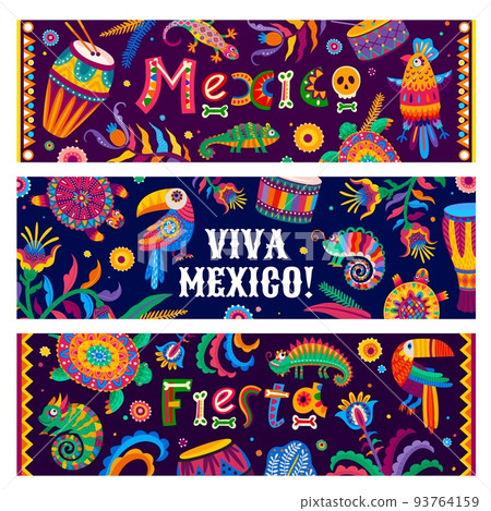 Viva Mexico, brazilian fiesta holiday banners. Vector mexican toucan and parrot birds, chameleon and gecko lizards, Brazil flowers, plants, drums and turtles with Dia de los Muertos sugar skulls 93764159