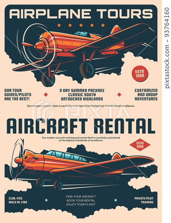 Aircraft rental and airplane tours retro posters. Airplane travel and tourist aviation flight tours vector banners. Pilot training club or school flyer with vintage propeller plane flying in clouds 93764160