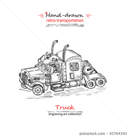 Hand drawn truck isolated on white background. Vintage sketch lorry transport. Large Industrial car, giant machine. Engraving art style Hand drawn truck isolated on white background. Vintage sketch lorry transport. Large Industrial car, giant machine. Engraving art style 93764393