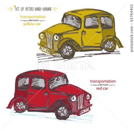 Set vintage car vector illustration. Retro Hand-drawn taxi cab in Ink brush sketch style isolated on white background. 93764403