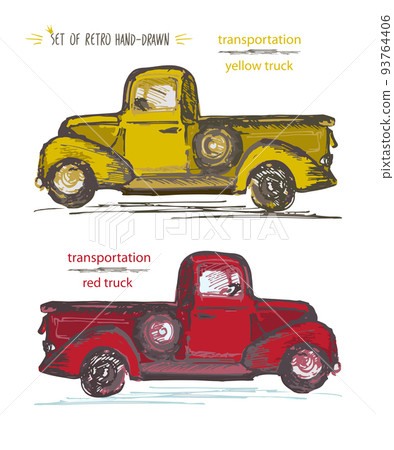 Set of hand-drawn red and yellow trucks. Ink brush sketch Set of hand-drawn red and yellow trucks. Ink brush sketch 93764406