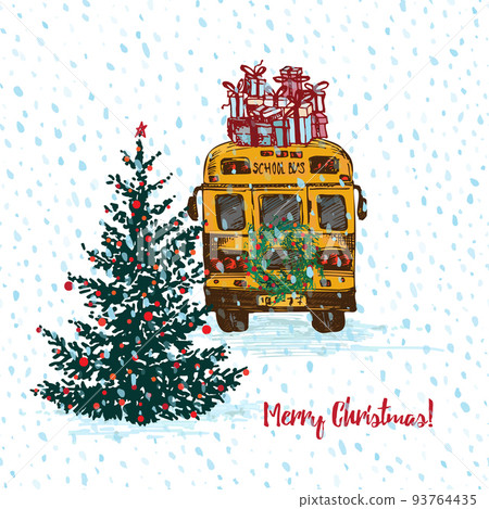 Festive Christmas card. Yellow school bus with fir tree decorated red balls and gifts on roof. White snowy seamless background and text Merry Christmas. Festive Christmas card. Yellow school bus with fir tree decorated red balls and gifts on roof. White snowy seamless background and text Merry Christmas. 93764435