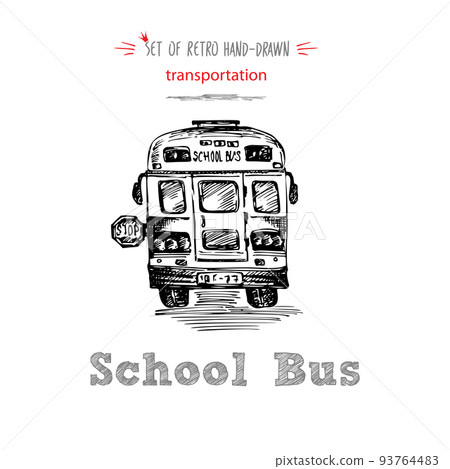 Hand drawn school bus symbol on white background. With text School bus. Vintage background. Good idea for chalkboard design 93764483