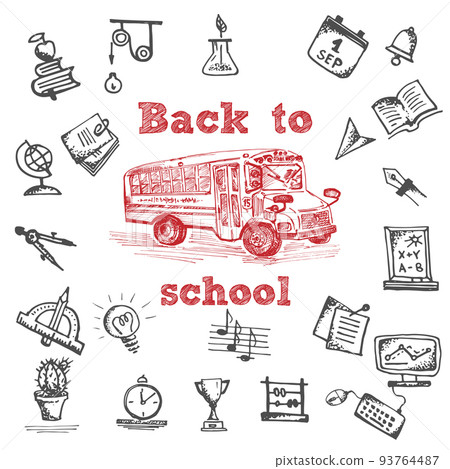 Hand drawn school bus symbol on white background. With text Back to school. Vintage background. Chalkboard design 93764487