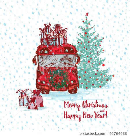 Christmas Red bus with fir tree decorated balls and gifts on roof. White snowy seamless background and text Merry Christmas and Happy New Year. Greeting card. Illustrations 93764488