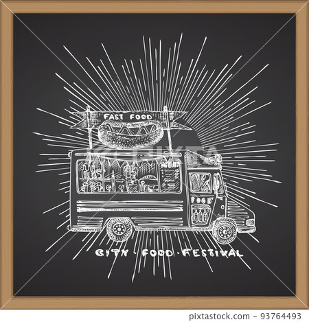 Retro hipster poster with hand drawn food truck in sun light isolated on chalk board background. Vintage sketch transport car Good idea for chalkboard design, festival flayer, web banner, menu 93764493