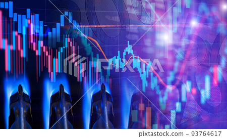Natural gas cost growth concept with gas burners and stock charts 93764617