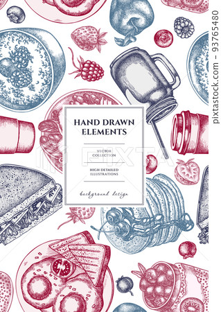 Breakfast pattern card design. Hand drawn sandwich, pancakes, bowl with avocado, porridge with berries, chia pudding, fried eggs, raspberry, blueberry, strawberry, apples, paper cup, smothie jars. Breakfast pattern card design. Hand drawn sandwich, pancakes, bowl with avocado, porridge with berries, chia pudding, fried eggs, raspberry, blueberry, strawberry, apples, paper cup, smothie jars. 93765480