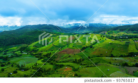 Aerial view of Rice terrace at Ban pa bong piang in Chiang mai, Thailand. Aerial view of Rice terrace at Ban pa bong piang in Chiang mai, Thailand. 93765817