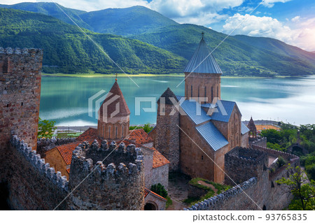 Aerial view of Ananuri Fortress Complex in Georgia. 93765835