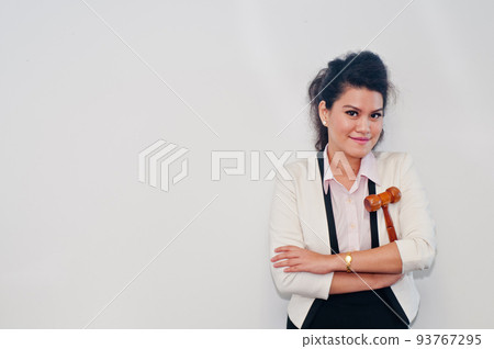 Woman holding judge hammer on white background Woman holding judge hammer on white background 93767295