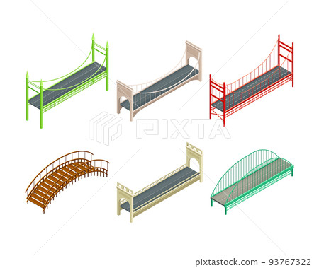 Fixed Bridges Made of Wood and Metal with Beam and Arch Bridge Isometric Vector Set Fixed Bridges Made of Wood and Metal with Beam and Arch Bridge Isometric Vector Set 93767322