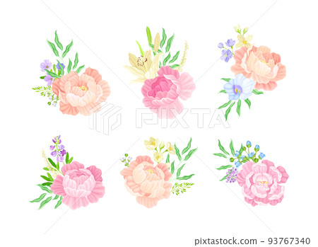 Floral Bouquet of Peonies and Garden Flowers Vector Set Floral Bouquet of Peonies and Garden Flowers Vector Set 93767340