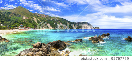 Best and most scenic beaches of Greece - Petani with turquoise sea. Kefalonia (Cephalonia) island Best and most scenic beaches of Greece - Petani with turquoise sea. Kefalonia (Cephalonia) island 93767729