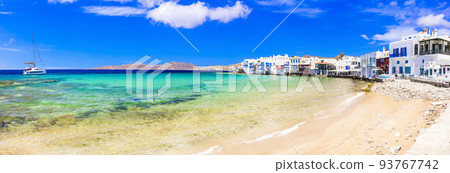 Greece travel. Luxury island Mykonos. restaurants and bars on the beach in  "Little Venice"  , popular touristic destination. S 93767742