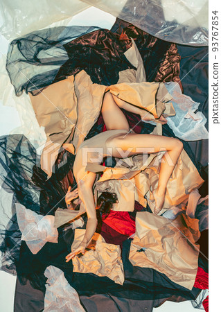 Human and eco problems. Fragile tender girl among a heap of garbage. Modern creative design. Idea, inspiration, saving environment, ecology, eco, 93767854