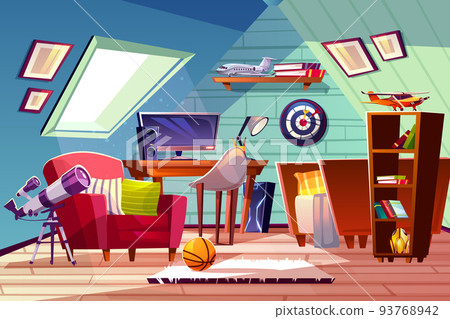 Teen boy kid room at garret attic vector interior Teen boy kid room at garret attic vector interior 93768942