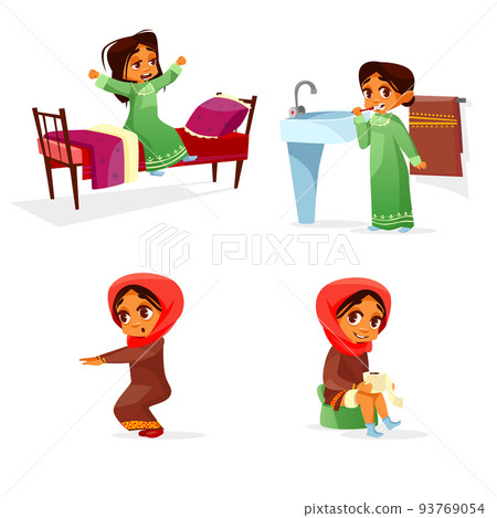 Vector arab girl daily morning routine activity Vector arab girl daily morning routine activity 93769054