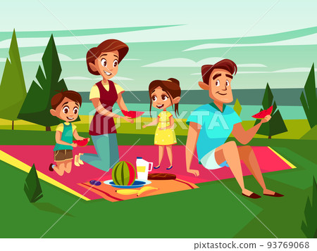 Vector cartoon caucasian family at picnic party Vector cartoon caucasian family at picnic party 93769068