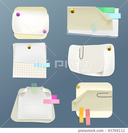 Vector note papers, sheets with pins, clips 93769112