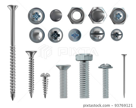 Vector 3d realistic steel bolts, nails, screws 93769121