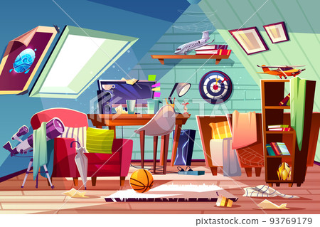 Teen boy messy attic room interior cartoon vector 93769179