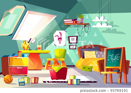 Comfortable kids room on mansard cartoon vector 93769191