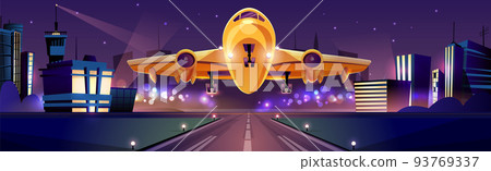 Airplane taking off from airport runaway vector 93769337