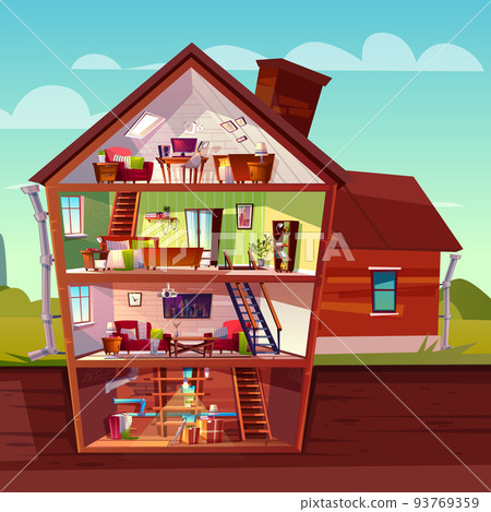 Vector cartoon multistorey house in cross section 93769359