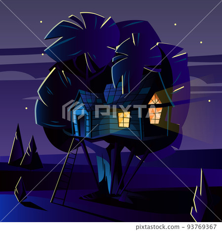Vector cartoon tree house at night, evening 93769367