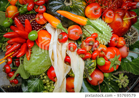 Gifts of nature, autumn still life, autumn fruits, vegetables and berries 93769579