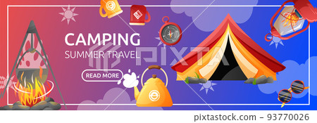 Camping promo sale banner for traveling company. Travel elements vector cartoon illustration. Camping promo sale banner for traveling company. Travel elements vector cartoon illustration. 93770026