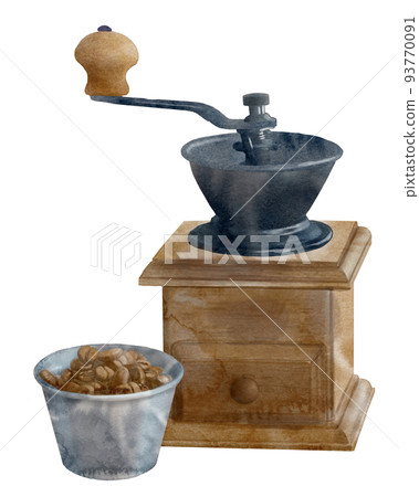 咖啡磨和咖啡豆的手繪水彩插圖 93770091