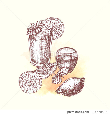 Alcoholic cocktail drink Hand drawn sketch art on watercolor background Vodka, whiskey, wine Vintage design for bar, restaurant, cafe menu, flyer, banner, poster Engraving style vector 93770506
