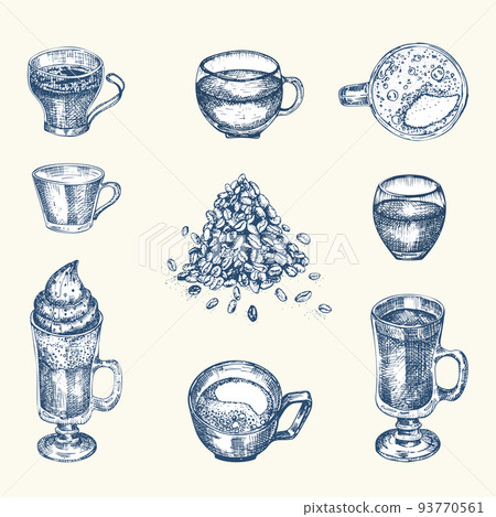 Set hand drawn sketch bottle and glasses for coffee drinks Vintage design bar, restaurant, cafe menu on white background. Creative template for flyer, banner, poster Engraving style Graphic vector 93770561