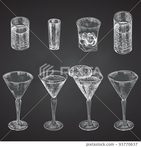Set hand drawn sketch glass for alcoholic drink. Champagne, whiskey Vintage design bar, restaurant, cafe menu Chalkboard background. Creative template for flyer, banner, poster Engraving style vector 93770637