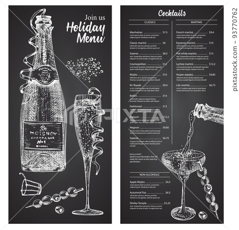 Cocktail bar menu design template set in retro style Isolated on on black chalckboard background. Hand drawn glass and bottle champagne. Vintage wine card. Alcohol beverage symbol. 93770762