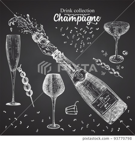 Set hand drawn sketch bottle and glasses champagne, on black chalckboard Vintage design bar, restaurant, cafe menu on white background. Graphic vector art Creative template for flyer, banner, poster 93770798