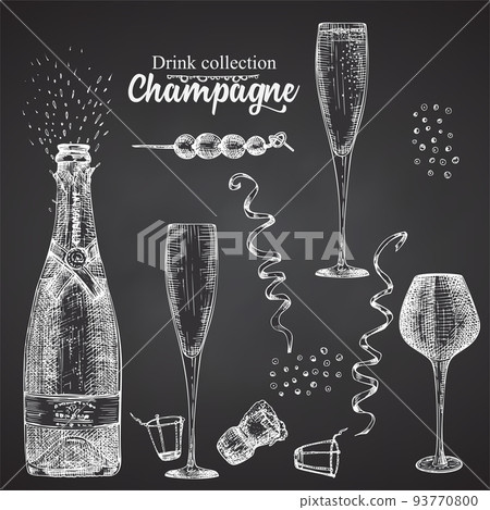 Set hand drawn sketch bottle and glasses champagne, on black chalckboard Vintage design bar, restaurant, cafe menu on white background. Graphic vector art Creative template for flyer, banner, poster 93770800