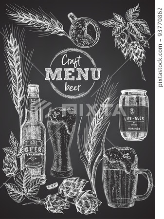 Set hand drawn sketch bottle and glasses beer, hop, wheat Vintage design bar, restaurant, cafe menu on black chalk board background. Graphic vector art Template for flyer, banner, poster 93770862