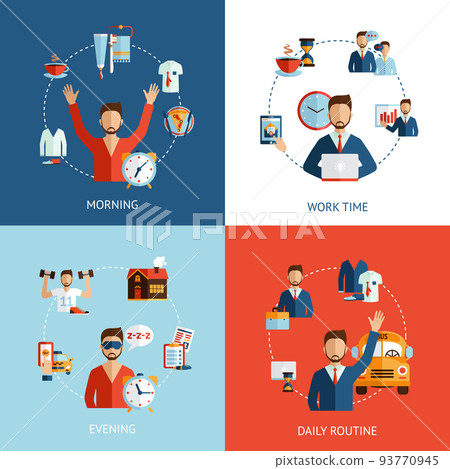 Businessman daily routine concept flat icons 93770945