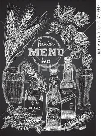 Set hand drawn sketch bottle and glasses beer, hop, wheat Vintage design bar, restaurant, cafe menu on black chalk board background. Creative template for flyer, banner, poster 93770948