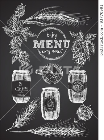 Set hand drawn sketch bottle and beer can, hop, wheat Vintage design bar, restaurant, cafe menu on black chalk board background. Creative template for flyer, banner, poster 93770991