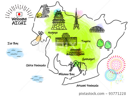 Hand-drawn simple line drawing illustration map of tourist spots in Aichi Prefecture 93771228